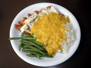 Chicken, rice with curry sauce