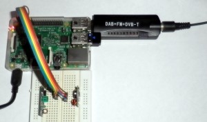 Raspberry Pi 2 with connected 433MHz receiver and transmitter. As bonus you see a plugged in RTL-SDR USB stick.